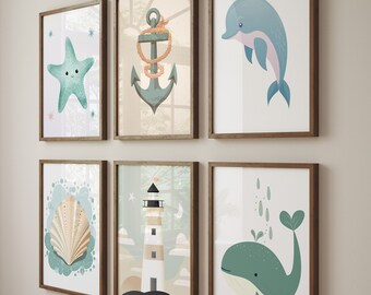 Ocean Animal Nursery Prints – Nautical Kids Room Wall Decor, Sea Creatures Printable Set