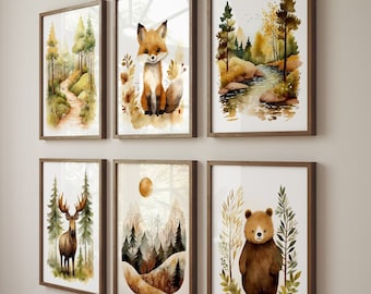 May include: Set of six watercolor prints featuring woodland animals and landscapes. The prints depict a fox, a deer, a bear, and three different forest scenes.
