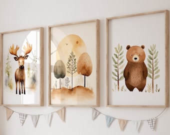 May include: Three watercolor illustrations in wooden frames, featuring a moose, a bear, and a forest scene. The illustrations are in a muted color palette of browns, greens, and yellows.
