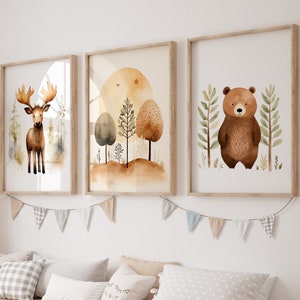 Bruine bosdieren set van 3 afdrukbare muurkunst voor kwekerij, bos dierenprints beer eland, aardetinten muurkunst, digitale download