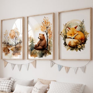 Cozy Calm Woodland Nursery Prints, Set of 3 Printable Wall Art, Sleeping Forest Animals Fox & Bear, Neutral Nature Theme Decor