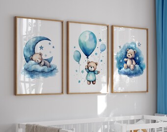 Teddybär Poster Mond, Sterne, Wolke für das Kinderzimmer (Digitaler Download)