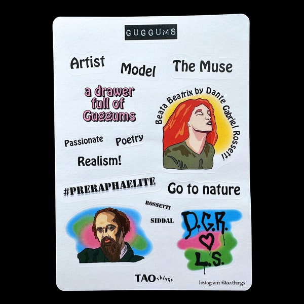 Pre-Raphaelite artist Dante Gabriel Rossetti & Lizzie Siddal romance comic art graffiti illustration homemade kiss-cut washi stickers