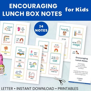 Printable * Encouraging Lunch Box Notes for Kids, send love, school lunch fun – positive, instant download, US Letter, 24 messages, 4 page