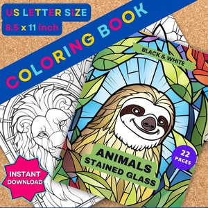 Imprimible * Libro para colorear de vidrieras de animales para niños, variedad de animales, diversión para niños – descarga instantánea, tamaño Carta de EE. UU., 22 páginas