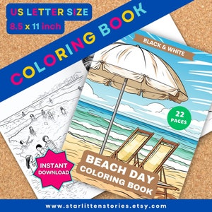 Imprimible * Libro para colorear para niños en el día de la playa, divirtiéndose en la playa, castillos de arena, peces, cometas – descarga instantánea, tamaño Carta de EE. UU., 22 páginas