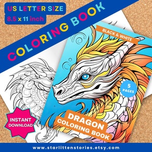 Printable * Dragon Coloring Book for Kids – dragon lover, instant download, US Letter size, fun for kids, printable, 5 coloring pages
