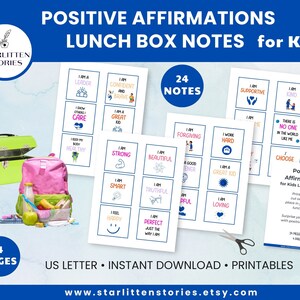 Printable * Positive Affirmations Lunch Box Notes for Kids, send your love – positive, instant download, US Letter, 24 messages, 4 page
