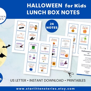 Printable * Halloween Lunch Box Notes for Kids, send your love, make school lunch spooky fun – download, US Letter, 24 message, 4 pages