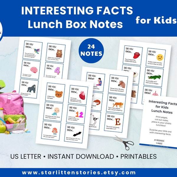 Printable * Interesting Facts Lunch Box Notes for Kids, send your love, make lunch fun – instant download, US Letter, 24 messages, 4 page