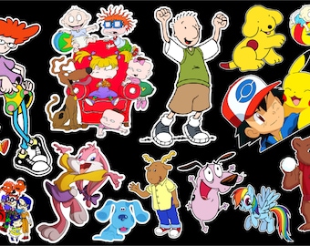 May include: A collection of colorful cartoon character stickers, including characters from Animaniacs, Rugrats, Doug, Pokemon, and SpongeBob SquarePants, against a black background. The stickers vary in size and shape.