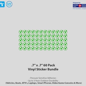 May include: A pack of 60 green 1.8 cm by 1.8 cm vinyl stickers with a tick design. The stickers are pressure sensitive and have up to 3 years of outdoor durability. They can be used on vehicles, boats, ATVs, laptops, smart phones, video game consoles, and more.