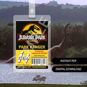 May include: A clear plastic Jurassic Park Park Ranger ID badge with a lanyard. The badge features the Jurassic Park logo, text that reads "Park Ranger", and "Licensed Dinosaur Expert". The background shows a dinosaur in a lake.
