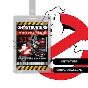 May include: A Ghostbusters Proton Pack Operator ID badge with the Ghostbusters logo and text. The badge is gray with a black and yellow border, and the text reads "PROTON PACK OPERATOR". The Ghostbusters logo is a white ghost inside a red circle with a red line through it.