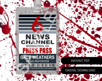 Digital Download Printable Scream - Gale Weathers News Press Pass Prop Replica Badge Novelty Costume Cosplay Comic Con Halloween