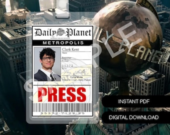 Descarga digital imprimible Daily Planet Clark Kent Press 2025 Insignia Tarjeta de identificación de personal Accesorio de cosplay Halloween