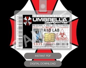 May include: A digital download featuring an Umbrella Corporation ID badge design. The badge includes the Umbrella logo, text, and a biohazard symbol. The design is set against a black background with red and white accents.