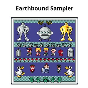 May include: A pixelated image of characters and objects from the video game Earthbound. The image features a flying saucer, a robot, a yellow alien, and several characters from the game.