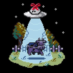 May include: A pixelated image of a purple cow being abducted by a flying saucer with a red bow on top. The saucer is emitting a blue beam of light. The cow is standing in a field with green grass and a wooden fence.