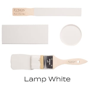 May include: A sample of Fusion Mineral Paint in the color Lamp White. The paint is shown on a paint chip, a brush, and a small paint can.