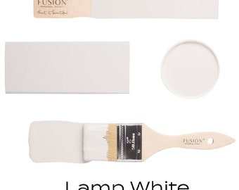 May include: A sample of Fusion Mineral Paint in the color Lamp White. The paint is shown on a paint chip, a brush, and a small paint can.