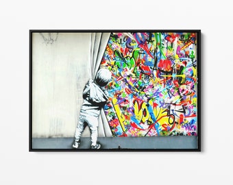 Banksy Behind the Curtain - Large Wall Art Canvas Print -  Graffiti Wall Art - Urban Street Art Decor - Banksy Wall Art - Multiple Sizes