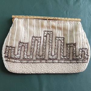 Art Deco Pearls Cream/White Sequins Evening Purse Clutch Vintage Antique Fashion Accessory Classic Handbag Christmas Party Evening Prom