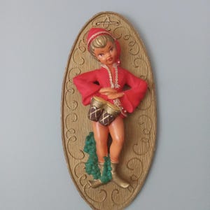 Red Musician Fairy Pixie Chalkware on canvas Wall Decor Vintage Antique Authentic 50's Rustic Collector Kitchen Cottagecore Kitchencore