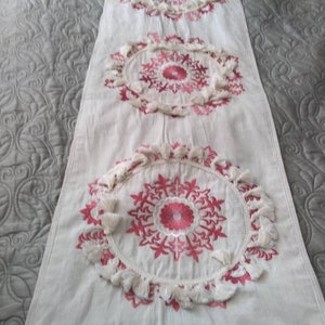 Tassels and Embroidery Pink & White Table Runner Long Rectangle Cotton Linen Table Cloth Antique Vintage French Cottagecore Fairycore Gift