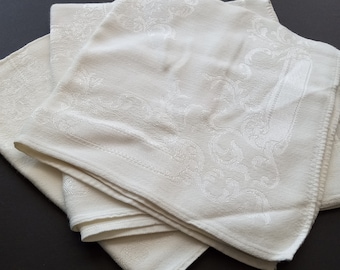 3 White Damask Square Napkin Table Linen Cloth Antique Vintage French Provincial Rustic High Tea Farmhouse Fairycore Cottage Dinning