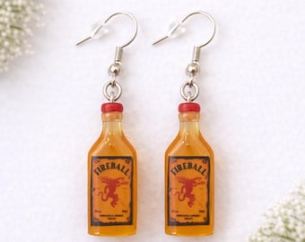 Cinnamon Whiskey Earrings, bottle, liquor, Gift, Present, Novelty, 925 Sterling Silver, Alcohol, Drinks, Fire