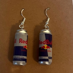 Energy Drink can cans dangle drop earrings Gift, Present, Novelty, soft, Bull, Red