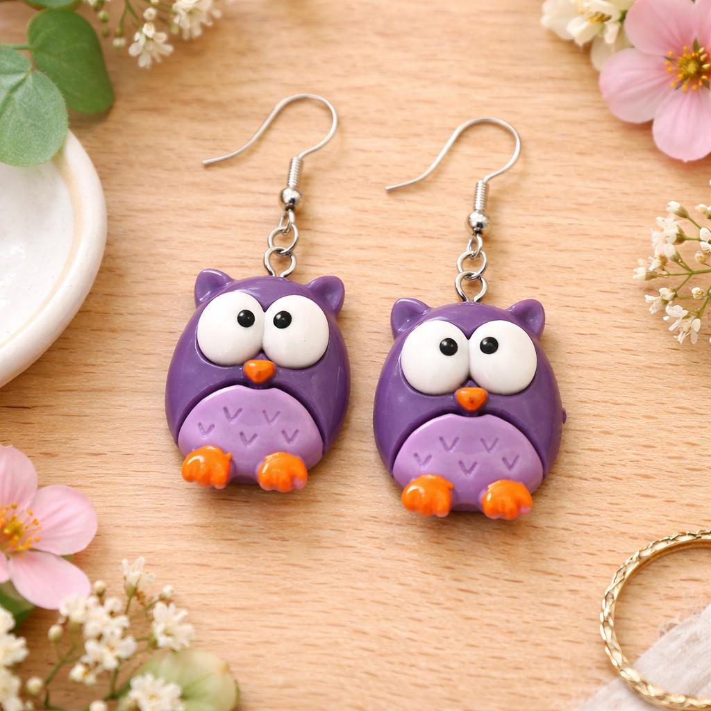 Purple Owl big eyes earrings, 925 sterling silver, resin, novelty, gift, drop, dangle