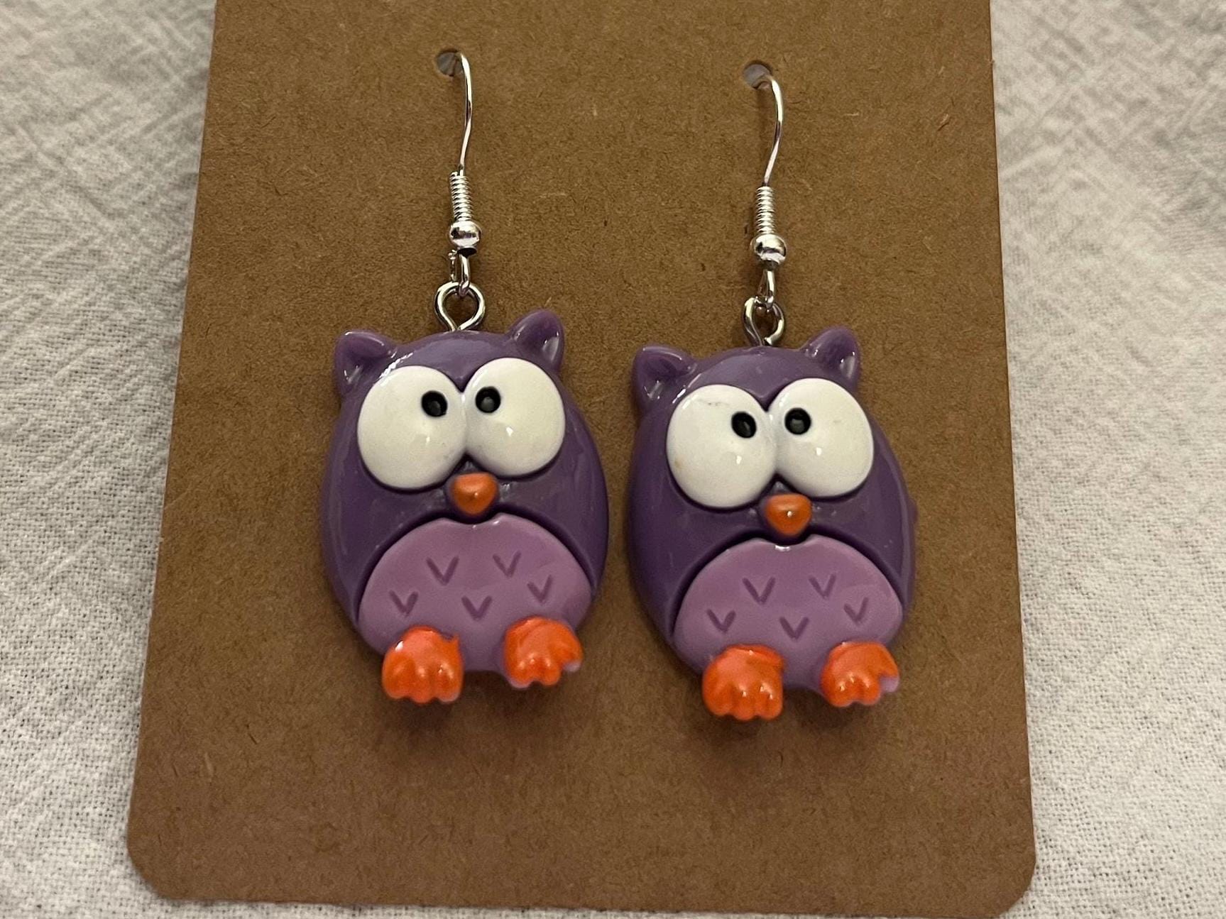 Purple Owl big eyes earrings, 925 sterling silver, resin, novelty, gift, drop, dangle