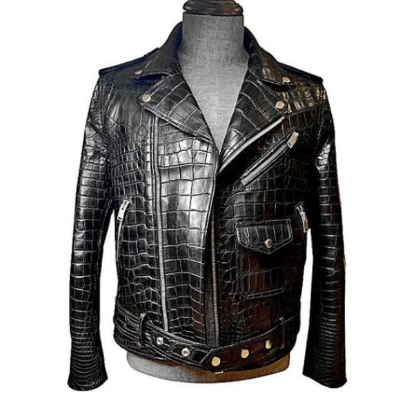 Blouson motard imitation cuir crocodile noir pour homme, Blouson moto alligator en cuir PU pour homme, Blouson en cuir imprimé motif fait main pour homme