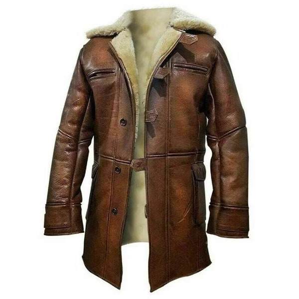 Handgefertigter Echter Schaffell Duster Mantel für Männer,Herren Leder Trenchcoat,Fliegermantel,Herren Langer Mantel,Wintermantel,Leder Mantel,Lamm Haut