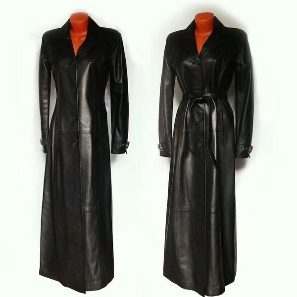 Vêtements d'hiver pour femmes faits à la main Manteau en cuir de mouton véritable pour femmes Trench-coat en cuir noir pardessus ceinturé pour femmes