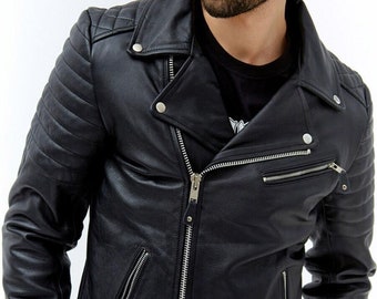 Mens Real Leather Jacket, Motorcycle Jacket, Handmade Sheepskin Leather jacket, Black Leather Zipper Jacket, Lambskin Leather Jacket for Men