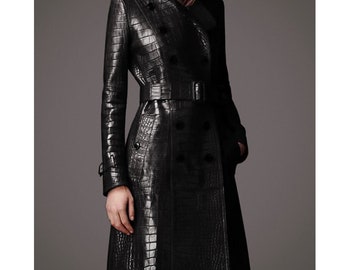 Women's Crocodile Faux Leather Coat, Embossed Long Coat, Black Leather Coat, Leather Trench Coat Jacket, Handmade Leather Coat