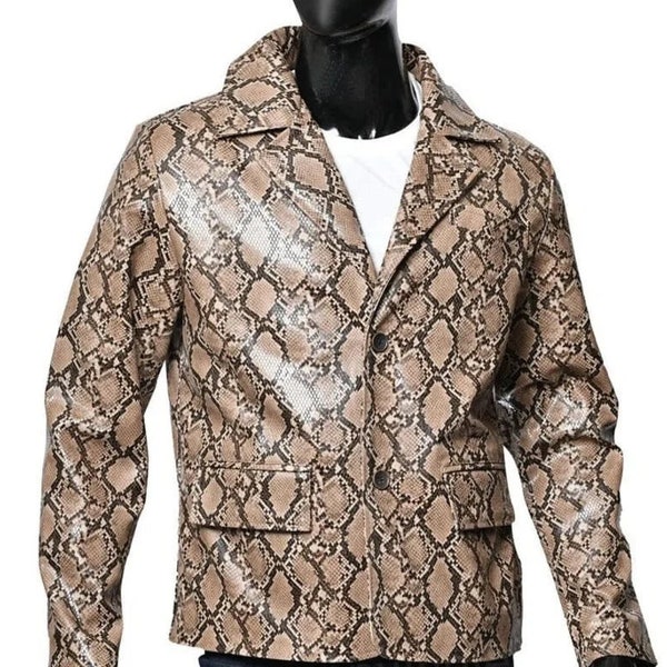 Handmade Men's Snake Skin Print Leather Jacket | Snake Print Motorcycle Real Leather Jacket for Men's | Brown Snake Pattern Leather Jacket