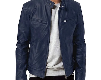 Veste de motard en cuir bleu faite à la main pour hommes, veste de moto en cuir d’agneau véritable pour hommes, veste de course à fermeture éclair en cuir de mouton véritable