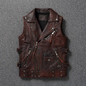 Mens Handmade Brown Leather Vest, Real Lambskin Leather Biker Zipper Vest for Men, Genuine Sheepskin leather Motorcycle Western Vest for Men