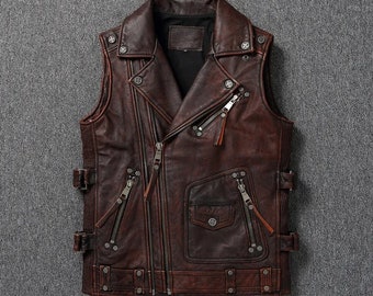 Mens Handmade Brown Leather Vest, Real Lambskin Leather Biker Zipper Vest for Men, Genuine Sheepskin leather Motorcycle Western Vest for Men