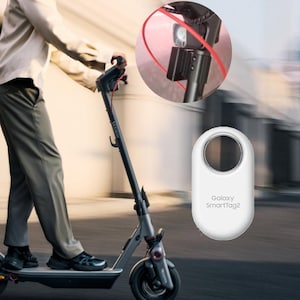 May include: A person riding a grey Segway electric scooter. A close-up shows the scooter's headlight and red cable. A white Galaxy SmartTag2 is displayed with the text "Galaxy SmartTag2".