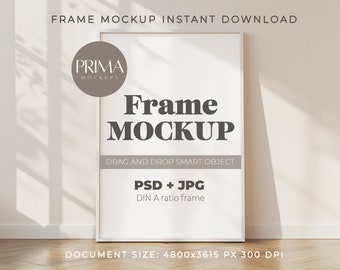 DIN A Vertical Frame Mockup White Wooden Frame Leaning on Wall Template for Photoshop Smart Object White Frame for Prints and Artwork