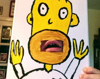 May include: A yellow cartoon character with a black outline and a cutout for a mouth. The character is painted on a white canvas and has a yellow and black design.