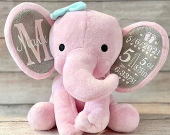 Newborn gift, Birth Announcement Gift for Baby, Elephant Stuffed Animal, Personalized Name Newborn Gift, Baby Keepsake with Birth Stats