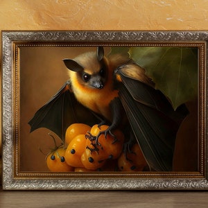 Fruit Bat Wall Print Oddities Goth Wall Art Dark Academia Decor Dark Oil Painting Fruit Print Macabre Art Loquat Fruit