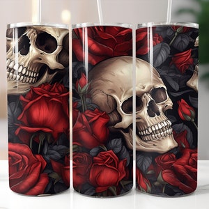 Skull and Red Roses Tumbler 20oz Skinny Steel Tumbler with Straw Dark Acadamia Goth Gift Wiccan Gift Oddities Insulated Travel Tumbler Gift