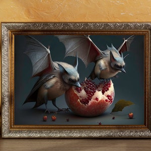 Fruit Bats Pomegranate Art Wall Print Oddities Goth Wall Art Dark Academia Decor Dark Oil Painting Pomegranate Print Alternative Macabre Art